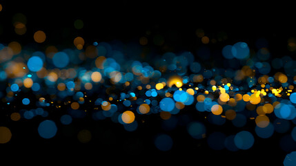  blue and gold particles. Bokeh background, Abstract blur black bokeh background, Texture, pattern, background Gaussian blur, Out of focus. Bright colored spots, convenient for the designer