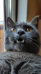 A gray cat with yellow eyes is looking at the camera with its mouth open and teeth showing