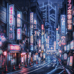 Asian, Japanese cyberpunk futuristic city. Dark rainy day with skyscrapers. Dystopic future with blue sky neon signs and light. Digital artwork