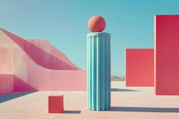 Pink and blue geometric shapes in a surreal landscape