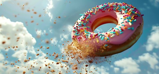 round donut, flying falling with sprinkles