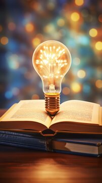 Light bulb on a book with glowing ideas