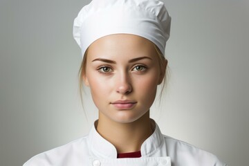 Portrait of a young female chef wearing a white toque and chef's coat