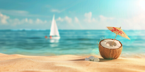 coconut with refreshing tropical drink on sandy beach with sailboat on the background for minimalistic summer idea banner
