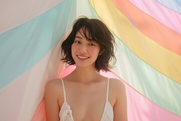 Posed against a backdrop of colorful pastel artistry, a beaming Asian woman in a bikini exudes happiness, her glamorous hair framing her attractive smile.