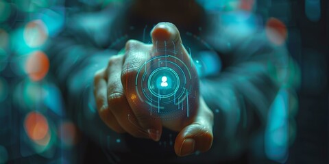 Finger pressing a glowing digital button with a user icon in the center