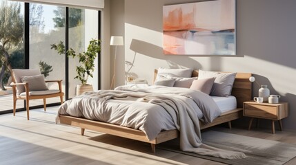 Modern and minimalist bedroom with large windows and a comfortable bed