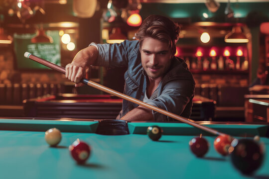  young handsome man with cue opposite to a billiard table playing billiard with friends, in a bar at night out