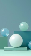 3D rendering of blue and green spheres on podiums against blue background