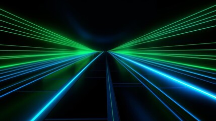 blue and green light lines weaving across a black background