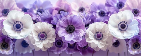 abstract background of purple and white anemone flowers on mirror