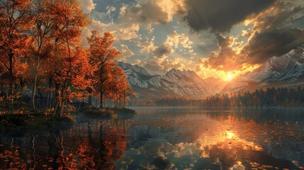 Tranquil Autumn Lake Scenery with Vibrant Foliage and Mountain Backdrop
