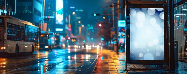 Blank white vertical digital billboard poster on city street bus stop sign at night, blurred urban background with skyscraper, people, mockup for advertisement, marketing