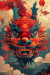 Illustration of a red and blue dragon with large eyes and an open mouth