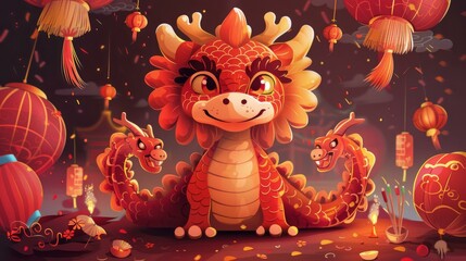 A cute cartoon dragon with two heads sits on a table covered with red cloth