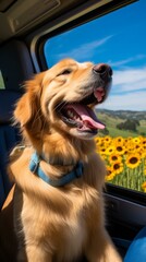 Golden Retriever looking out the car window at a field of sunflowers