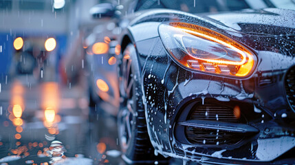 Professional car wash of a black sports car with shampoo close-up. Detailing service. 