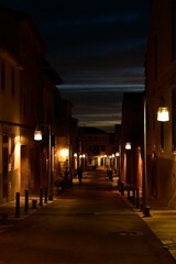 Nocturnidad Urbana: Una Calle Iluminada por Faroles Brinda una Atmosfera Encantadora y Serena en la Noche