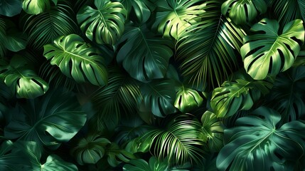Tropical landscape. Large leaves of tropical plants. Close up. Tropical forest plants. High quality illustration.