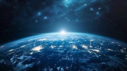Surface of Earth planet in space. Outer dark space wallpaper. Night on planet with cities lights. View from orbit.