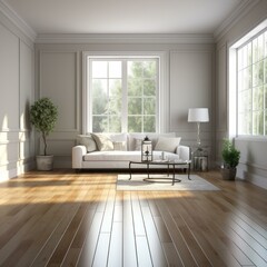 Fototapeta premium Bright spacious living room with large windows and white sofa