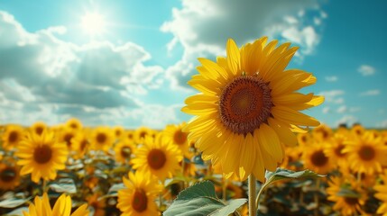 Obraz premium Sunflower fields and blue sky clouds background. Close-up of yellow sunflower with the blue sky background.