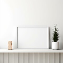 White frame mockup on the shelf with a plant and wooden blocks