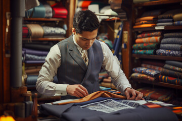 In a workshop brimming with fabrics, a young tailor meticulously crafts a bespoke suit, delicately working with a sewing pattern, showcasing the artistry and dedication that goes i