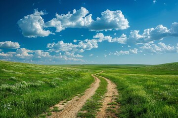 Dirt road through a lush green prairie landscape