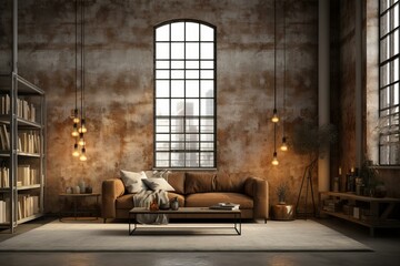 Industrial style living room interior with large windows and concrete walls