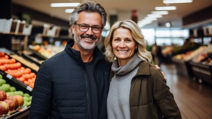 Happy couple shopping for groceries in the supermarket