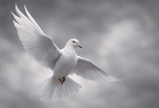 White dove mid flight, with its wings fully spread, contrasting beautifully against the cloudy sky in the background, symbolizing peace, Generative AI.