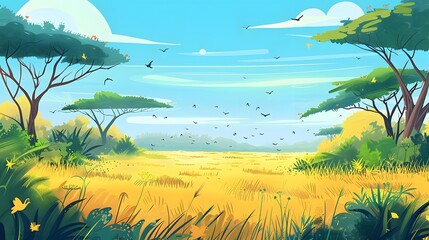 Serene savanna landscape with birds soaring under a clear sky