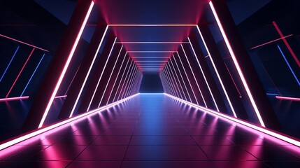 Fototapeta premium High tech corridor with angular lighting and sharp neon outlines against a dark background