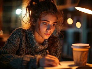 Young woman studying at night in a library