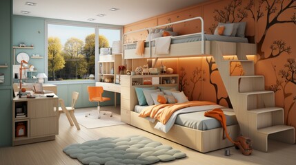 Fototapeta premium A modern and stylish bedroom with a tree mural and bunk beds