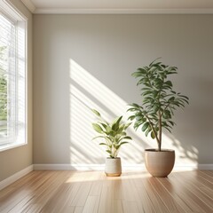 Two pot plants in front of a large window