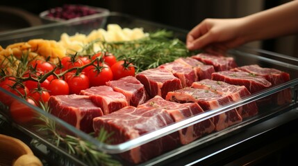 A woman preparing a meal with raw meat and vegetables
