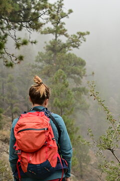 Entre la Bruma y la Determinaci&oacute;n Chica Rubia con Mochila, Navegando por un Sendero Monta&ntilde;oso Cubierto de una Espesa Niebla Verde, Desafiando lo Desconocido con Cada Paso, en una Odisea