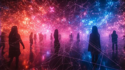 Fototapeta premium People walking through a field of red and blue lights