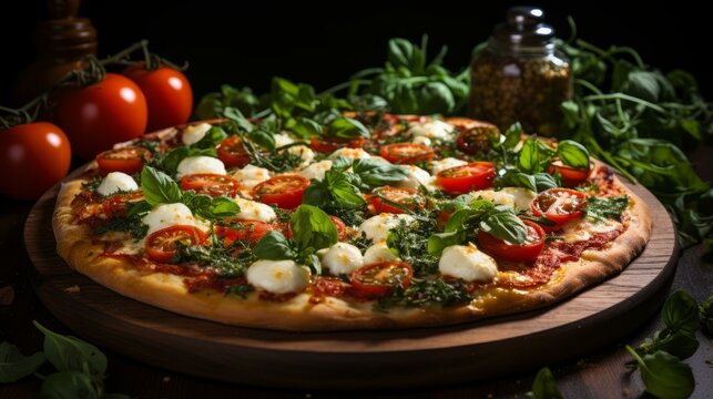 A delicious pizza with fresh tomatoes, mozzarella cheese, and basil