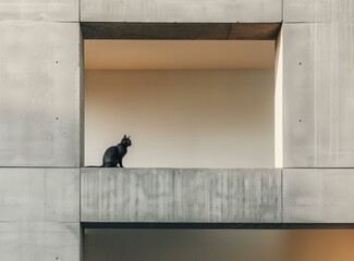 Black cat sitting on a ledge in front of a concrete wall