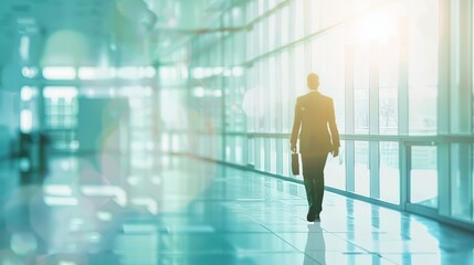 Fototapeta na wymiar Blur background of businessman walking at corridor in convention hall, business office building hall way background. hyper realistic 