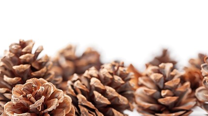 A close-up of pinecones against a white background, showcasing their intricate textures and natural beauty in autumn.