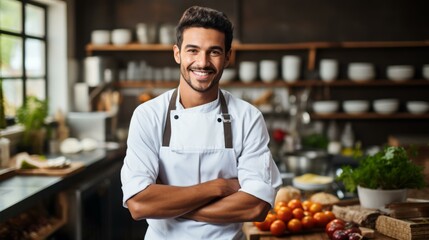 Fototapeta premium Portrait of a Smiling Chef in a Commercial Kitchen