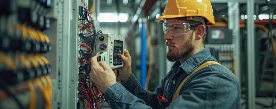 Electrician measures the voltage with a digital instrument