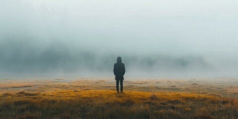 Man standing alone in a foggy field