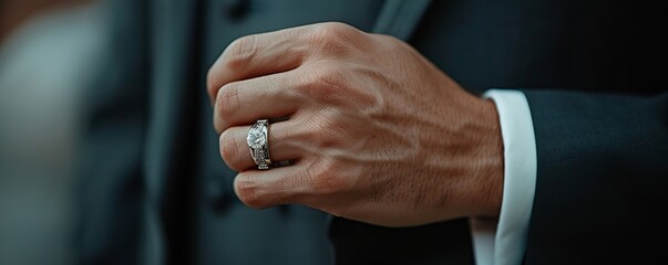 A close-up shot of a mans hand, adorned with an elegant wedding ring, showcasing a grooms attire with a suit in a wedding setting.
