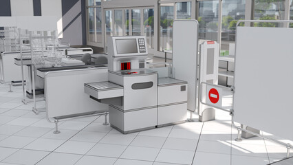 Supermarket interior mockup with self-service cash register, cash counters and view of the city through the window. 3d illustration