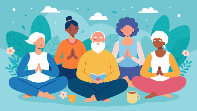 A group of senior citizens finds comfort and companionship through meditative drawing connecting with their inner child and nurturing their minds.. Vector illustration